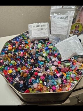 Mixed Assortment Of Glass And Crystal Beads. Seed Beads And Crystal Balls. By Lb